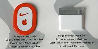 PAKKEN: Brikken til venstre settes inn under innersålen på skoen. Nike-sko beregnet til dette har en luke som passer. Andre sko kan tilpasses manuelt. Pluggen til høyre settes inn i din Ipod Nano. PAKKEN: Brikken til venstre settes inn under innersålen på skoen. Nike-sko beregnet til dette har en luke som passer. Andre sko kan tilpasses manuelt. Pluggen til høyre settes inn i din Ipod Nano.