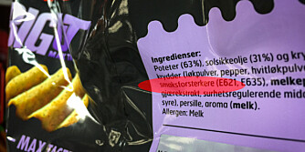 MSG I POTETGULL: I godt krydret potetgull finner man ofte E621 som også er kjent som MSG. MSG I POTETGULL: I godt krydret potetgull finner man ofte E621 som også er kjent som MSG.