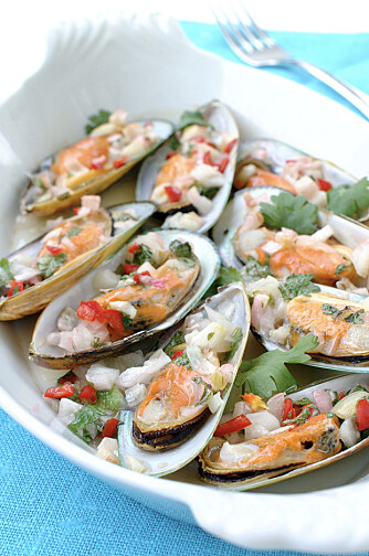 SPICY: Skjell med chili og lime. Her er det brukt frosne grønne skjell fra New Zealand. Store blåskjell kan fint brukes istedenfor. SPICY: Skjell med chili og lime. Her er det brukt frosne grønne skjell fra New Zealand. Store blåskjell kan fint brukes istedenfor.