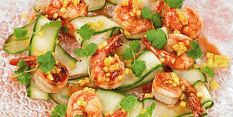 EKSOTISK: Agurksalat og chilistekt scampi. EKSOTISK: Agurksalat og chilistekt scampi.