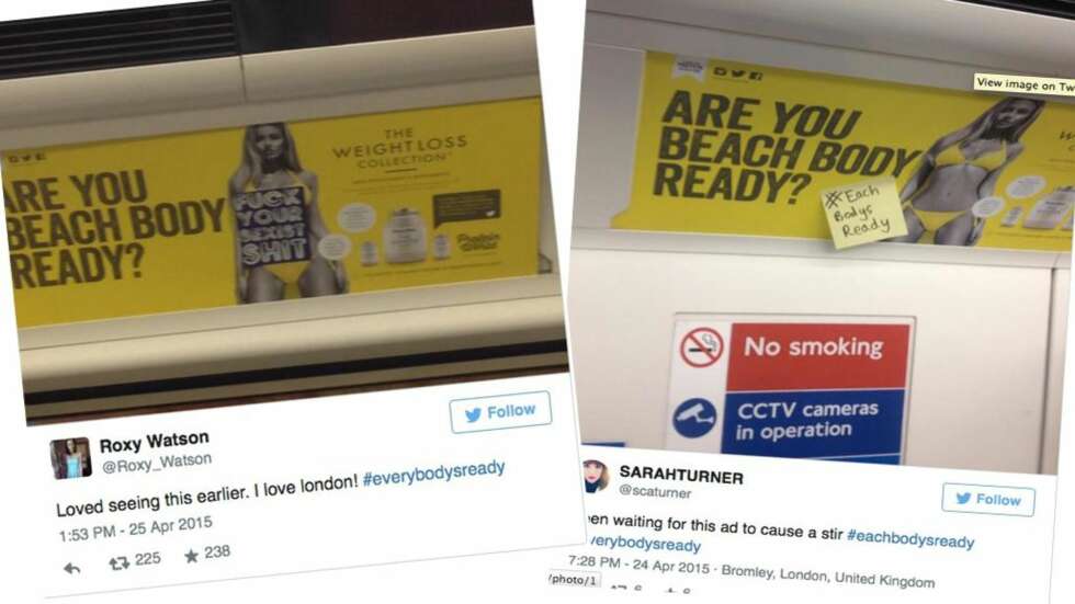 TAGGES OG TAS NED: Mange har sett seg lei på bilder som fremmer et temmelig urealistisk kroppsideal. Det fikk produsentene bak denne plakaten kjenne på. FOTO: Twitter/Twitpic/Faksimile TAGGES OG TAS NED: Mange har sett seg lei på bilder som fremmer et temmelig urealistisk kroppsideal. Det fikk produsentene bak denne plakaten kjenne på. FOTO: Twitter/Twitpic/Faksimile