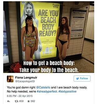 ALLE HAR BIKINIKROPP: Sjekk hva disse bloggerne gjorde for å protestere mot plakaten. FOTO: Twitter/Twitpic/Faksimile ALLE HAR BIKINIKROPP: Sjekk hva disse bloggerne gjorde for å protestere mot plakaten. FOTO: Twitter/Twitpic/Faksimile
