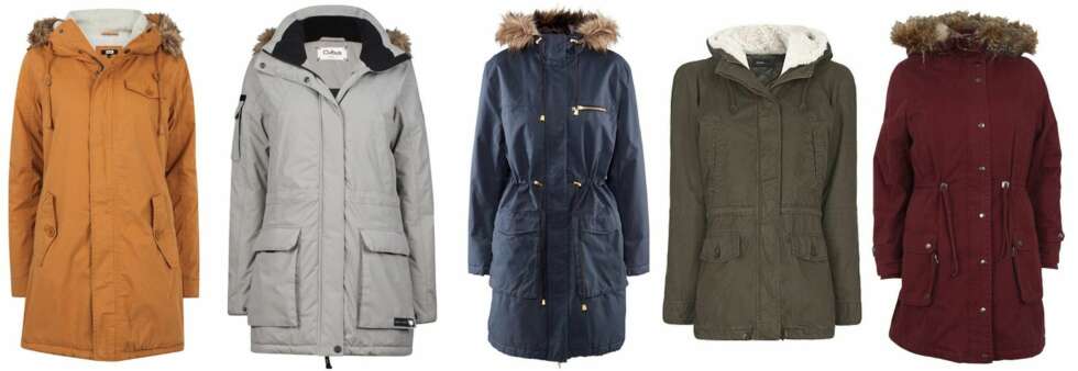 PARKAS: Fra venstre: BikBok, 799,-, Cubus, 799,-, H&M, 699,-, Mango, 999,-, Object, 999,-. PARKAS: Fra venstre: BikBok, 799,-, Cubus, 799,-, H&M, 699,-, Mango, 999,-, Object, 999,-.