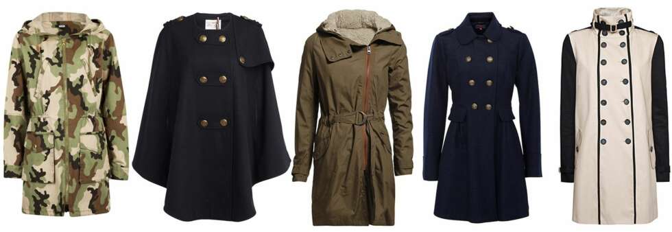 MILITÆR: Fra venstre: BikBok, 399,-, Lindex, 999,-, Only, 799,-, New Look, £54,99, Mango, 799,-. MILITÆR: Fra venstre: BikBok, 399,-, Lindex, 999,-, Only, 799,-, New Look, £54,99, Mango, 799,-.
