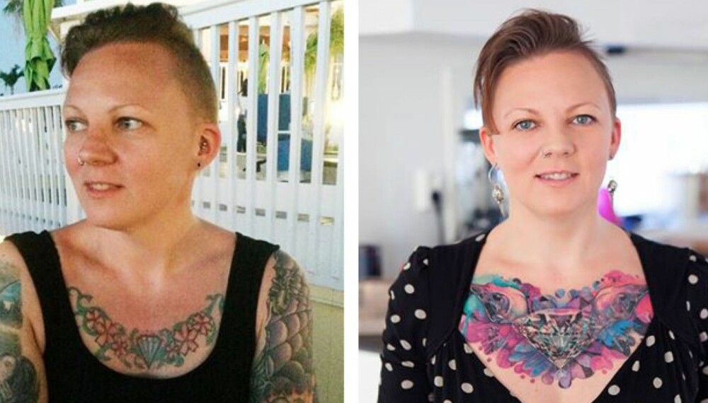 FØR OG ETTER: Tove Åsum Forwalds coverup - en ny tatovering dekker over den gamle. FOTO: Privat. FØR OG ETTER: Tove Åsum Forwalds coverup - en ny tatovering dekker over den gamle. FOTO: Privat.