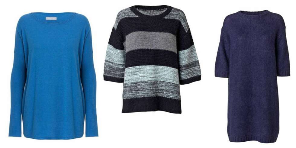 STRIKK: Blå fra Samsøe Samsøe, 600 kr, stripete fra By Malene Birger, 799,50 kr, lilla fra By Malene Birger, 899,50 kr. STRIKK: Blå fra Samsøe Samsøe, 600 kr, stripete fra By Malene Birger, 799,50 kr, lilla fra By Malene Birger, 899,50 kr.