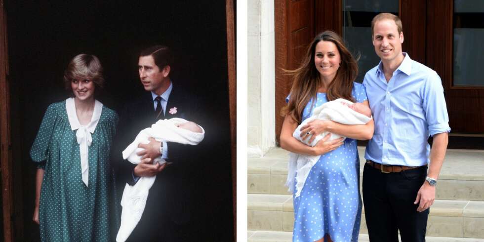 FORRIGE GANG: Prinsesse Diana og prins Charles som nybakte foreldre. 30 år senere stod William og Kate utenfor sykehuset med prins George i armene. FORRIGE GANG: Prinsesse Diana og prins Charles som nybakte foreldre. 30 år senere stod William og Kate utenfor sykehuset med prins George i armene.