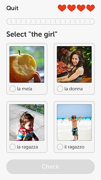 SPILL: Skjermbilde fra DuoLingo. Appen er laget som et spill, der man har fire "liv". For å gå videre til neste steg må man bestå nivået man er på uten å gå tom for liv. SPILL: Skjermbilde fra DuoLingo. Appen er laget som et spill, der man har fire "liv". For å gå videre til neste steg må man bestå nivået man er på uten å gå tom for liv.