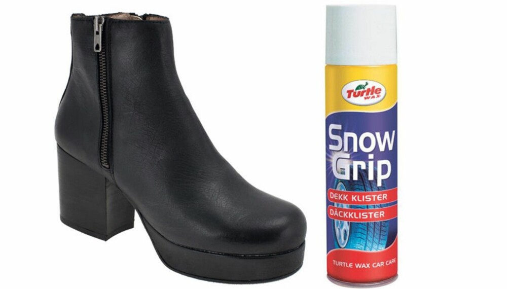 KJETTING PÅ BOKS: Gjør som bilførere gjør med dekkene og spray for eksempel Snow grip under skoene når det er glatt. Dette brukes normalt til biler og kjøretøyer som står fast på glatt føre, men fungerer også fint som fotfeste. Produktet fjernes med dekkvask. KJETTING PÅ BOKS: Gjør som bilførere gjør med dekkene og spray for eksempel Snow grip under skoene når det er glatt. Dette brukes normalt til biler og kjøretøyer som står fast på glatt føre, men fungerer også fint som fotfeste. Produktet fjernes med dekkvask.