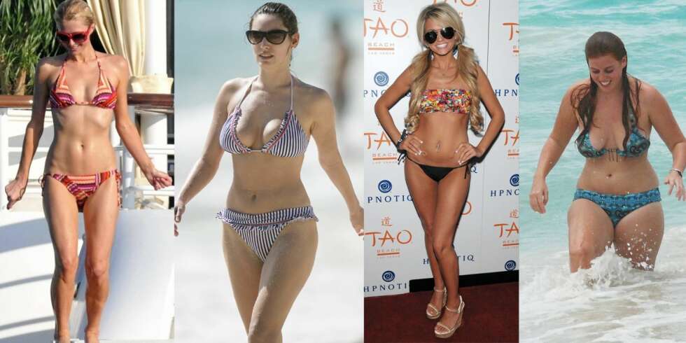 STRANDLIV: Paris Hilton, Kelly Brook, Angel Porrino og prinsesse Beatrice av York har alle forskjellig kroppsfasong, som krever ulikt badetøy. STRANDLIV: Paris Hilton, Kelly Brook, Angel Porrino og prinsesse Beatrice av York har alle forskjellig kroppsfasong, som krever ulikt badetøy.