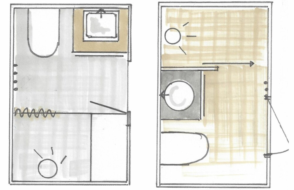 TO ULIKE PLANLØSINGER TIL LIKE BAD PÅ 130 x 200 cm:
Tegning til venstre: Innredningen er plassert rett frem når man ankommer rommet. Med speilet over er dette alltid en god måte å løse rommet på. Klosettet bør plasseres i et hjørne eller annet sted litt vekk fra døren/adkomsten. Her er det prioritert en virkelig stor dusj, og det er tegnet inn skyvedører slik at vannsøl unngås på selve møbelet. Knagger eller annet til å henge håndklær på er alltid lurt å ha i nærheten av dusjinngangen.
Tegning til høyre: Dette rommet har fått en innredning på 50–60 cm bredde og en stor dusj. Noe av dusjens areal kan settes av til et høyskap til oppbevaring av vaskesaker/langkost dersom det er behov for det. TO ULIKE PLANLØSINGER TIL LIKE BAD PÅ 130 x 200 cm:
Tegning til venstre: Innredningen er plassert rett frem når man ankommer rommet. Med speilet over er dette alltid en god måte å løse rommet på. Klosettet bør plasseres i et hjørne eller annet sted litt vekk fra døren/adkomsten. Her er det prioritert en virkelig stor dusj, og det er tegnet inn skyvedører slik at vannsøl unngås på selve møbelet. Knagger eller annet til å henge håndklær på er alltid lurt å ha i nærheten av dusjinngangen.
Tegning til høyre: Dette rommet har fått en innredning på 50–60 cm bredde og en stor dusj. Noe av dusjens areal kan settes av til et høyskap til oppbevaring av vaskesaker/langkost dersom det er behov for det.
