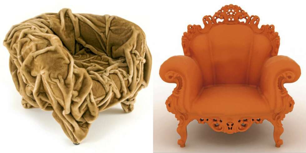 SIGNALOBJEKTER: Grinza fra Edra og Proust Chair fra Magis ble begge lansert på møbelmessen i Milano i 2011. SIGNALOBJEKTER: Grinza fra Edra og Proust Chair fra Magis ble begge lansert på møbelmessen i Milano i 2011.