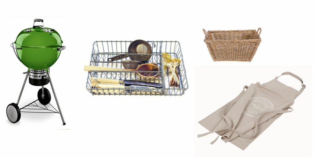 UTEMAT: Grønn kulegrill fra Jernia, kurv til bestikk fra lunehjem.no, flettet kurv fra Bloomingville og forkle fra Kid interiør. UTEMAT: Grønn kulegrill fra Jernia, kurv til bestikk fra lunehjem.no, flettet kurv fra Bloomingville og forkle fra Kid interiør.