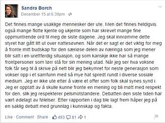 SANDRAS RESPONS: Sandra Borch la ut denne facebookmeldingen på sin åpne politikerprofil. FOTO: Skjermdump Facebook SANDRAS RESPONS: Sandra Borch la ut denne facebookmeldingen på sin åpne politikerprofil. FOTO: Skjermdump Facebook