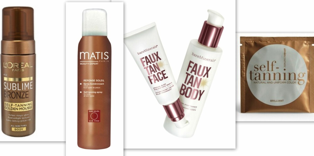SELVBRUNING: Selvbruningsskum fra L´oreal, selvbruningsspray fra Matis, selvbruningskrem til ansikt og til kropp fra Bare Minerals, selvbruningsservietter fra Almen Cosmetic. SELVBRUNING: Selvbruningsskum fra L´oreal, selvbruningsspray fra Matis, selvbruningskrem til ansikt og til kropp fra Bare Minerals, selvbruningsservietter fra Almen Cosmetic.