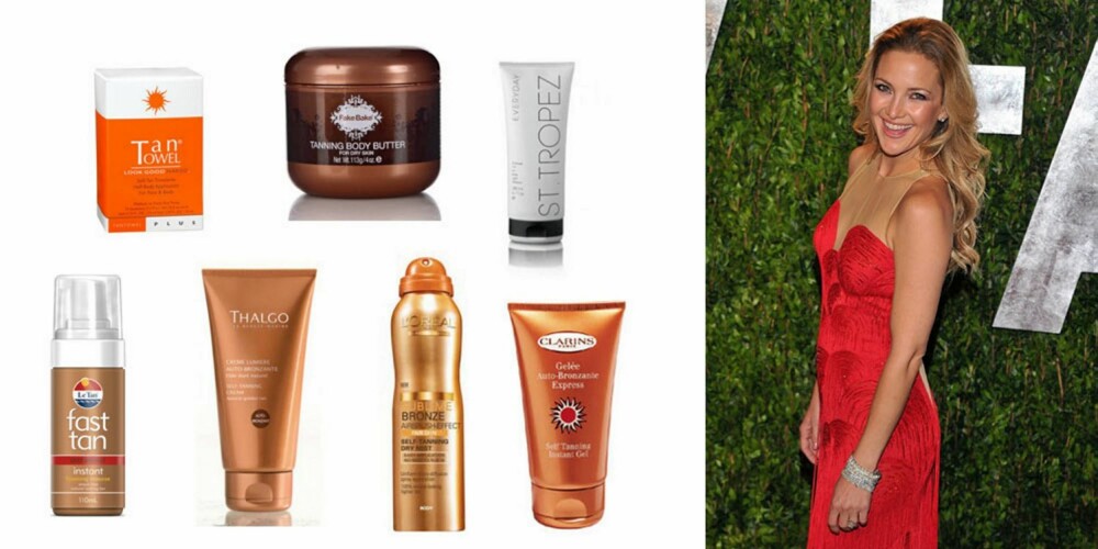 GYLDENBRUN: Kate Hudson ser alltid glødende vakker ut. Velg en selvbruning som passer for deg. (F.v.) Le tan Foam Mousse Deep Bronze, TanTowel Plus Half Application Self-Tan Towelette for Face & Body, Thalgo Self-Tanning Cream, Fake Bake Tanning Butter For Dry Skin, L'Oréal Paris Sublime Bronze Self-Tanning Dry Mist, St. Tropez Everyday Gradual Tan, Clarins Self Tanning Instant Gel. GYLDENBRUN: Kate Hudson ser alltid glødende vakker ut. Velg en selvbruning som passer for deg. (F.v.) Le tan Foam Mousse Deep Bronze, TanTowel Plus Half Application Self-Tan Towelette for Face & Body, Thalgo Self-Tanning Cream, Fake Bake Tanning Butter For Dry Skin, L'Oréal Paris Sublime Bronze Self-Tanning Dry Mist, St. Tropez Everyday Gradual Tan, Clarins Self Tanning Instant Gel.