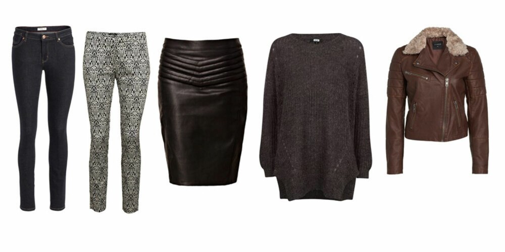 HØSTFAVORITTER: Skinnyjeans fra Lindex, 399 kr, brokadebukser fra Lindex, 199 kr, skinnskjørt fra Estradeur, 499 kr, strikkagenser fra Bik Bok, 399 kr, skinnjakke fra Lindex, 499 kr. HØSTFAVORITTER: Skinnyjeans fra Lindex, 399 kr, brokadebukser fra Lindex, 199 kr, skinnskjørt fra Estradeur, 499 kr, strikkagenser fra Bik Bok, 399 kr, skinnjakke fra Lindex, 499 kr.