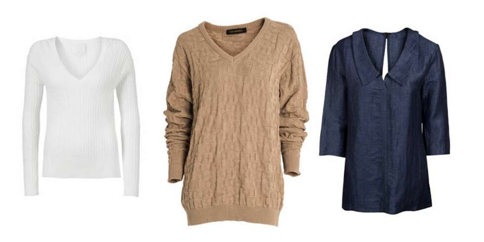 V-HALS: Får halsen til å virke lenger. Fra venstre: In Wear, 799 kr, Nina Jarebrink, 1399 kr, Wiksén, 1499 kr. V-HALS: Får halsen til å virke lenger. Fra venstre: In Wear, 799 kr, Nina Jarebrink, 1399 kr, Wiksén, 1499 kr.
