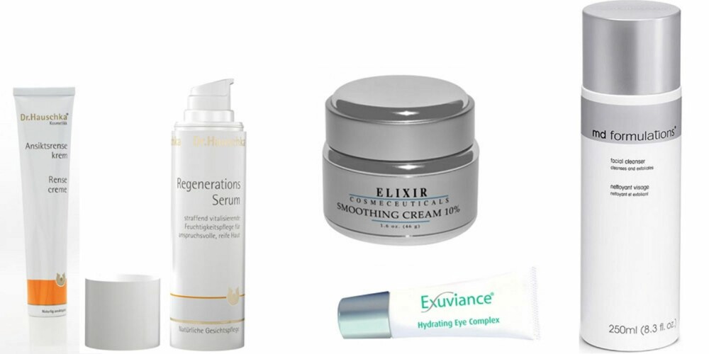PLEIE: Ansiktsrens fra Dr. Hauschka, 145 kr, serum fra Dr. Hauschka, 519 kr, fuktighetskrem fra Elixir Cosmeceuticals, 690 kr, øyekrem fra Exuviance, 405 kr, rens fra MD Formulation, 480 kr. PLEIE: Ansiktsrens fra Dr. Hauschka, 145 kr, serum fra Dr. Hauschka, 519 kr, fuktighetskrem fra Elixir Cosmeceuticals, 690 kr, øyekrem fra Exuviance, 405 kr, rens fra MD Formulation, 480 kr.