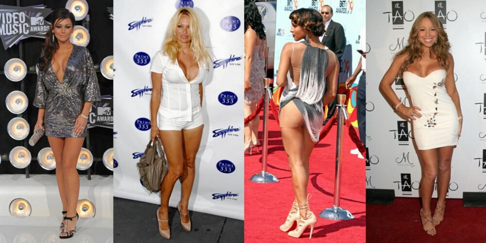 KORT: Her byr noen av kjendisene på litt vel mye av seg selv. Jenni Farley fra Jersey Shore, Pamela Anderson, Melody Thornton og Mariah Carey er ikke kjente for å gjemme seg under store plagg. KORT: Her byr noen av kjendisene på litt vel mye av seg selv. Jenni Farley fra Jersey Shore, Pamela Anderson, Melody Thornton og Mariah Carey er ikke kjente for å gjemme seg under store plagg.