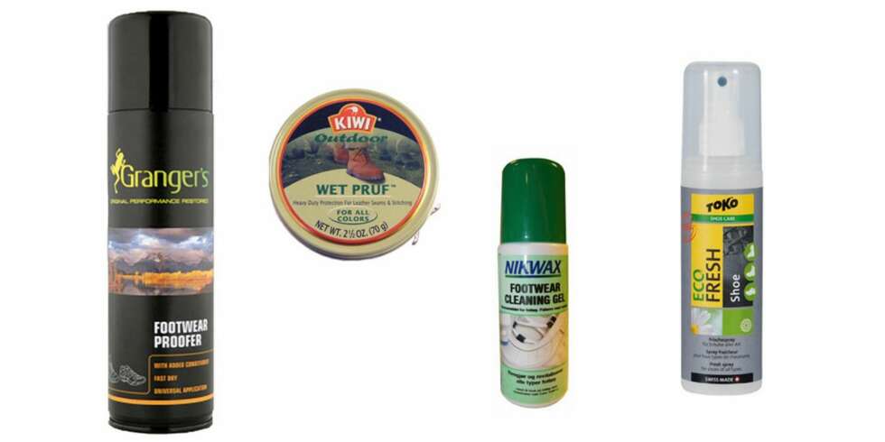 SKOPLEIE: Grangers Footwear Proofer impregneringsspray, 111 kr, KIWI Wetpruf, 69 kr, Nikiwax Footwear Cleaning gel, 80 kr, Toko Eco skodeodorant spray, 149 kr. SKOPLEIE: Grangers Footwear Proofer impregneringsspray, 111 kr, KIWI Wetpruf, 69 kr, Nikiwax Footwear Cleaning gel, 80 kr, Toko Eco skodeodorant spray, 149 kr.