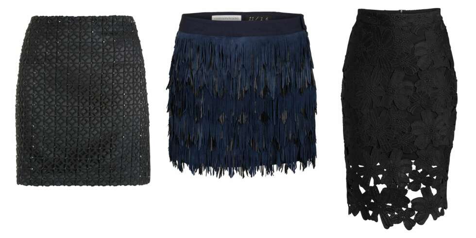 SKJØRT: Custommade Electra kr 3100. Black Premium Sequin Detail kr 634 fra Next. Lindex kr 349. FOTO: Nelly.com, next.co.uk & Lindex. SKJØRT: Custommade Electra kr 3100. Black Premium Sequin Detail kr 634 fra Next. Lindex kr 349. FOTO: Nelly.com, next.co.uk & Lindex.