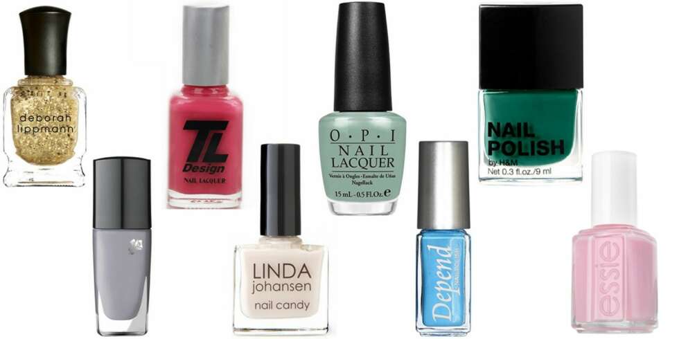 HELE REGNBUEN: Gullakk fra Deborah Lippmann, 199,-, Minilakk fra Lancôme, 155,-, Rød lakk fra TL Design, 149,-, Beige lakk fra Linda Johansen, 139,-, Grønn lakk fra OPI, 159,-, Blå minilakk fra Depend, 25,-, Grønn lakk fra H&M, 39,50, Rosa lakk fra Essie, 129,-. HELE REGNBUEN: Gullakk fra Deborah Lippmann, 199,-, Minilakk fra Lancôme, 155,-, Rød lakk fra TL Design, 149,-, Beige lakk fra Linda Johansen, 139,-, Grønn lakk fra OPI, 159,-, Blå minilakk fra Depend, 25,-, Grønn lakk fra H&M, 39,50, Rosa lakk fra Essie, 129,-.