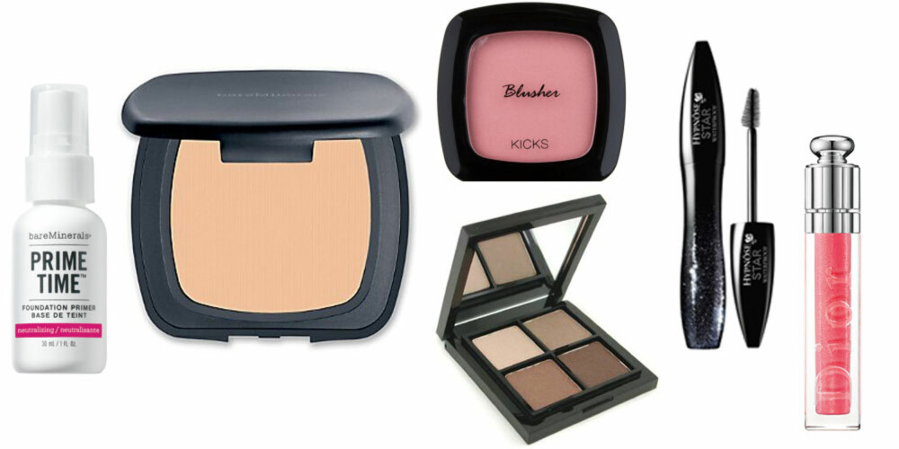 JORDFARGER: Sats på naturlige farger og produkter som du vet holder lenge. Fra venstre: Prime time foundation Primer, bareMinerals, 459 kr, READY¿ SPF 20 Foundation, bareMinerals, 489 kr, Kicks Blusher, 99 kr, GloMetallic øyeskyggesett, GloMinerals, 250 kr,Hypnose star vannfast maskara, Lancome, 360 kr, Addict Gloss, Dior, 265 kr. JORDFARGER: Sats på naturlige farger og produkter som du vet holder lenge. Fra venstre: Prime time foundation Primer, bareMinerals, 459 kr, READY¿ SPF 20 Foundation, bareMinerals, 489 kr, Kicks Blusher, 99 kr, GloMetallic øyeskyggesett, GloMinerals, 250 kr,Hypnose star vannfast maskara, Lancome, 360 kr, Addict Gloss, Dior, 265 kr.