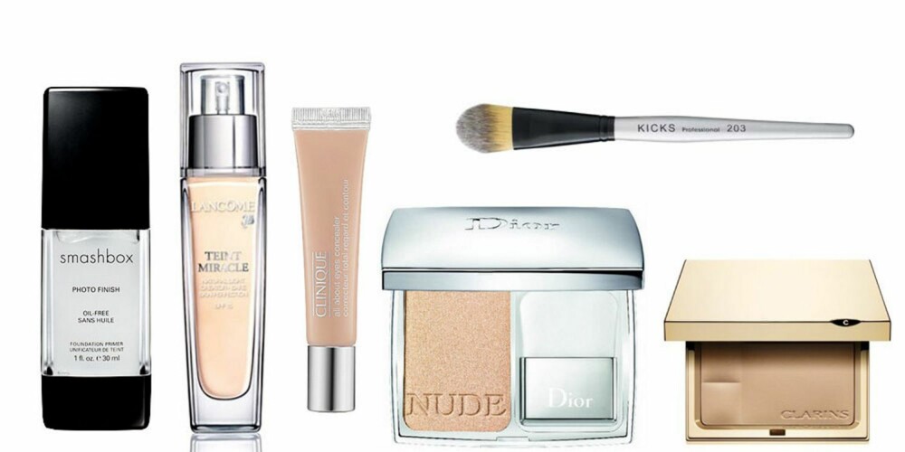 FRESH HUD: Begynn med primer for at sminken skal sitte, legg foundation med kost over, bruk concealer for å å skjule mørke ringer under øynene og å skjule kviser. Påfør highlighter for å fremheve trekkene dine, for eksempel på det høyeste punktet på kinnbeina, eller ved amorbuen for å få leppene til å virke fyldigere. Du avslutter med enten et gjennomsiktig fikseringspudder eller pudder i samme nyanse som din egen hud for å få sminken til å holde lenger. Produktene her: Smashbox Photo Finish Primer, 260 kr, Lancôme Teint Miracle foundation, 395 kr, Clinique All About Eyes Concealer, 175, Dior Nude Shimmer, 410 kr, Clarins Ever Matte Shine Control Mineral Powder Compact, 265 kr, Kicks Professional Foundationpensel 203, 100 kr. FRESH HUD: Begynn med primer for at sminken skal sitte, legg foundation med kost over, bruk concealer for å å skjule mørke ringer under øynene og å skjule kviser. Påfør highlighter for å fremheve trekkene dine, for eksempel på det høyeste punktet på kinnbeina, eller ved amorbuen for å få leppene til å virke fyldigere. Du avslutter med enten et gjennomsiktig fikseringspudder eller pudder i samme nyanse som din egen hud for å få sminken til å holde lenger. Produktene her: Smashbox Photo Finish Primer, 260 kr, Lancôme Teint Miracle foundation, 395 kr, Clinique All About Eyes Concealer, 175, Dior Nude Shimmer, 410 kr, Clarins Ever Matte Shine Control Mineral Powder Compact, 265 kr, Kicks Professional Foundationpensel 203, 100 kr.