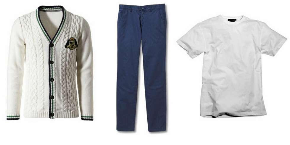 RIMELIG MARINE: Å plukke opp litt av marinestilen trenger ikke koste skjorta. Cardigan fra MQ, 999 kr, chinos fra Espirit, 699 kr, t-skjorte fra Ellos, 49 kr. RIMELIG MARINE: Å plukke opp litt av marinestilen trenger ikke koste skjorta. Cardigan fra MQ, 999 kr, chinos fra Espirit, 699 kr, t-skjorte fra Ellos, 49 kr.