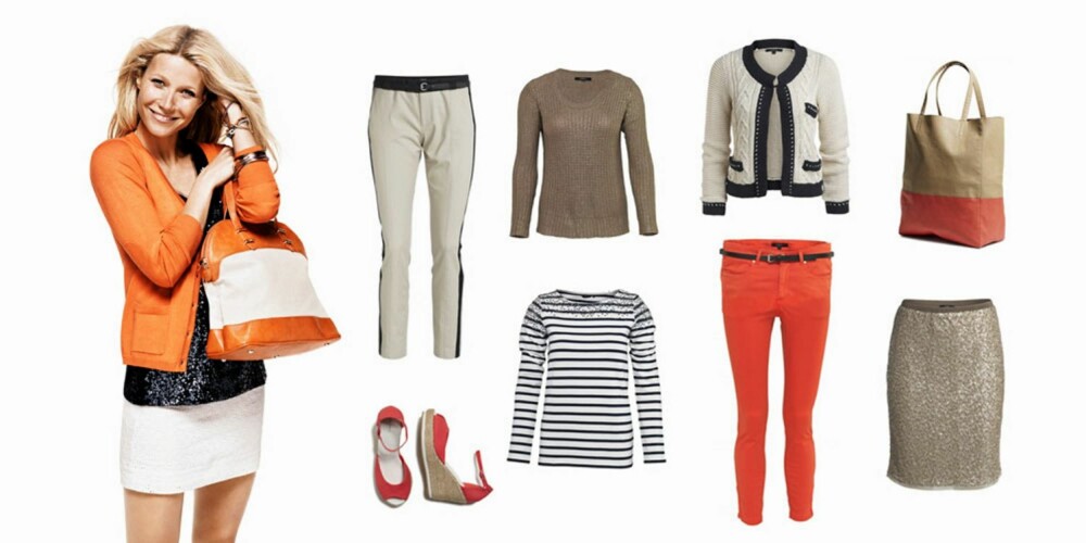 GLAMORØST OG AVSLAPPET: Sko (249 kr), bukse (399 kr), stripete genser (299 kr), strikket genser (199 kr), cardigan (399 kr), oransje bukse (199 kr), veske (199 kr), paljettskjørt (349 kr). GLAMORØST OG AVSLAPPET: Sko (249 kr), bukse (399 kr), stripete genser (299 kr), strikket genser (199 kr), cardigan (399 kr), oransje bukse (199 kr), veske (199 kr), paljettskjørt (349 kr).