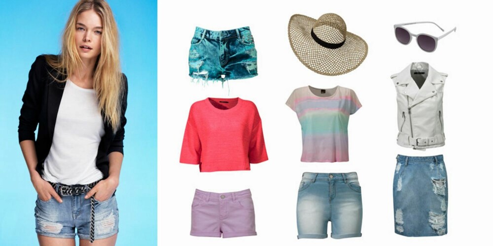 ROCKA OG FEMININT: Vasket denimshorts (349 Kr), kort korallfarget genser (199 kr), denimshorts (149 kr), flerfarget t-skjorte (149 kr), lang denim-shorts (199 kr), stråhatt (129 kr), denimskjørt (349 kr), hvit skinnvest (499), hvite solbriller (59 kr). ROCKA OG FEMININT: Vasket denimshorts (349 Kr), kort korallfarget genser (199 kr), denimshorts (149 kr), flerfarget t-skjorte (149 kr), lang denim-shorts (199 kr), stråhatt (129 kr), denimskjørt (349 kr), hvit skinnvest (499), hvite solbriller (59 kr).