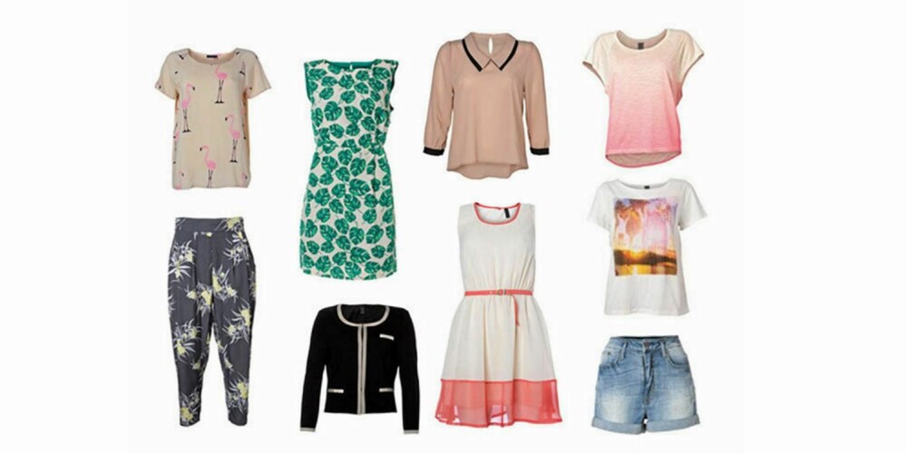 PRINTFEST: Bukse med print (229 kr), topp med print (199 kr), kjole med bladprint (299 kr), beige bluse (229 kr), kjole (259 kr), cardigan (299 kr), rosa t-skjorte (179 kr), t-skjorte med print (159 kr), denimshorts (299 kr). PRINTFEST: Bukse med print (229 kr), topp med print (199 kr), kjole med bladprint (299 kr), beige bluse (229 kr), kjole (259 kr), cardigan (299 kr), rosa t-skjorte (179 kr), t-skjorte med print (159 kr), denimshorts (299 kr).