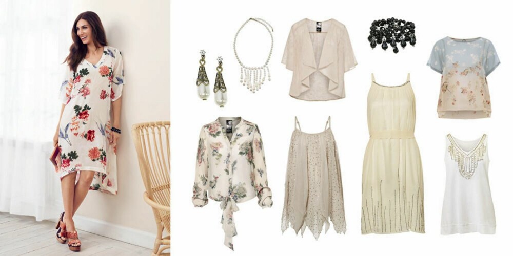 DELIKAT: Øredobber (69,50 kr), kjede (129 kr), blomstret bluse (399 kr), tynn jakke (299 kr), tynn singlet (399 kr), kjole (399 kr), armbånd (149 kr), topp (349 kr), armbånd (149 kr), hvit singlet (249 kr). DELIKAT: Øredobber (69,50 kr), kjede (129 kr), blomstret bluse (399 kr), tynn jakke (299 kr), tynn singlet (399 kr), kjole (399 kr), armbånd (149 kr), topp (349 kr), armbånd (149 kr), hvit singlet (249 kr).