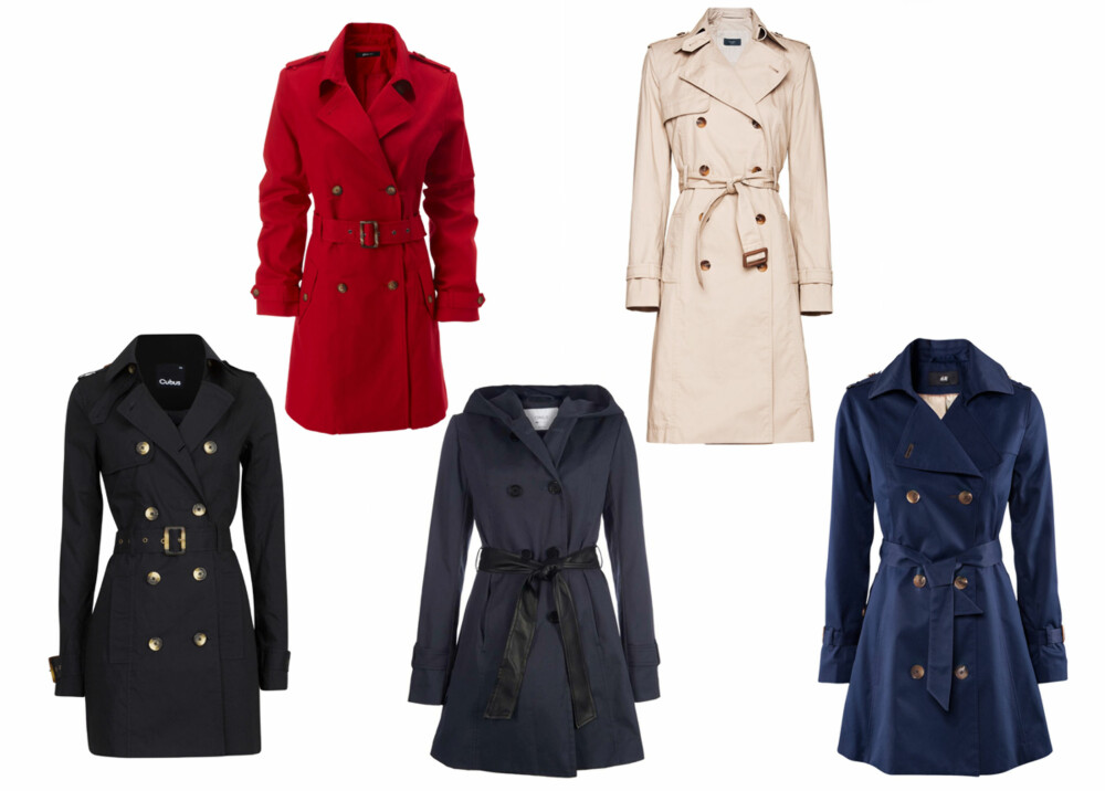 KLASSISKE TRENCHCOATS: Fra venstre: Cubus 499,-, Gina Tricot 499,-, Only 459,95, Mango 599,-, H&M 399 KLASSISKE TRENCHCOATS: Fra venstre: Cubus 499,-, Gina Tricot 499,-, Only 459,95, Mango 599,-, H&M 399