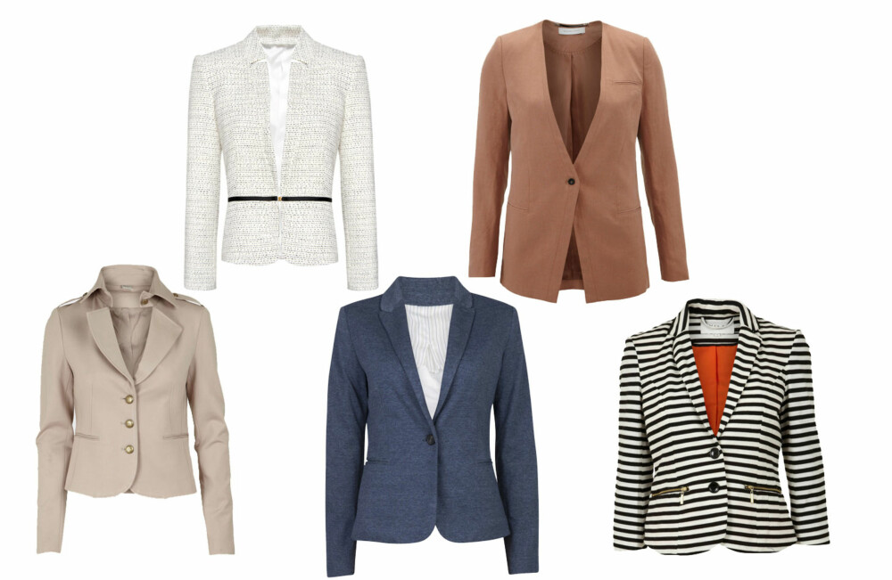 VÅRLETTE BLAZERE: Fra venstre: Object 599,95, Mango 799,-, Vivikes 599,-, Selected Femme 999,-, Vila 399,95. VÅRLETTE BLAZERE: Fra venstre: Object 599,95, Mango 799,-, Vivikes 599,-, Selected Femme 999,-, Vila 399,95.
