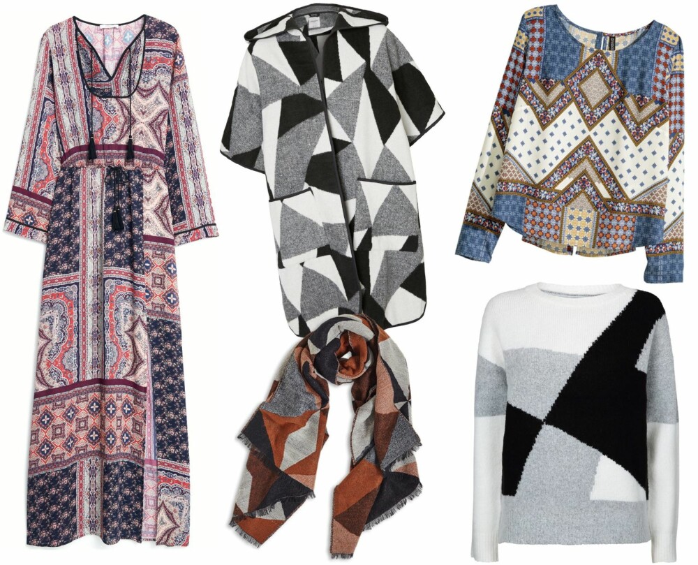 PATCHWORK-INSPIRERT (f.v.): Kjole fra Mango, kr 399. Jakke fra Vero Moda, kr 700. Skjerf fra Lindex, kr 249. Topp fra H&M, kr 149. Genser fra Cubus, kr 299. PATCHWORK-INSPIRERT (f.v.): Kjole fra Mango, kr 399. Jakke fra Vero Moda, kr 700. Skjerf fra Lindex, kr 249. Topp fra H&M, kr 149. Genser fra Cubus, kr 299.