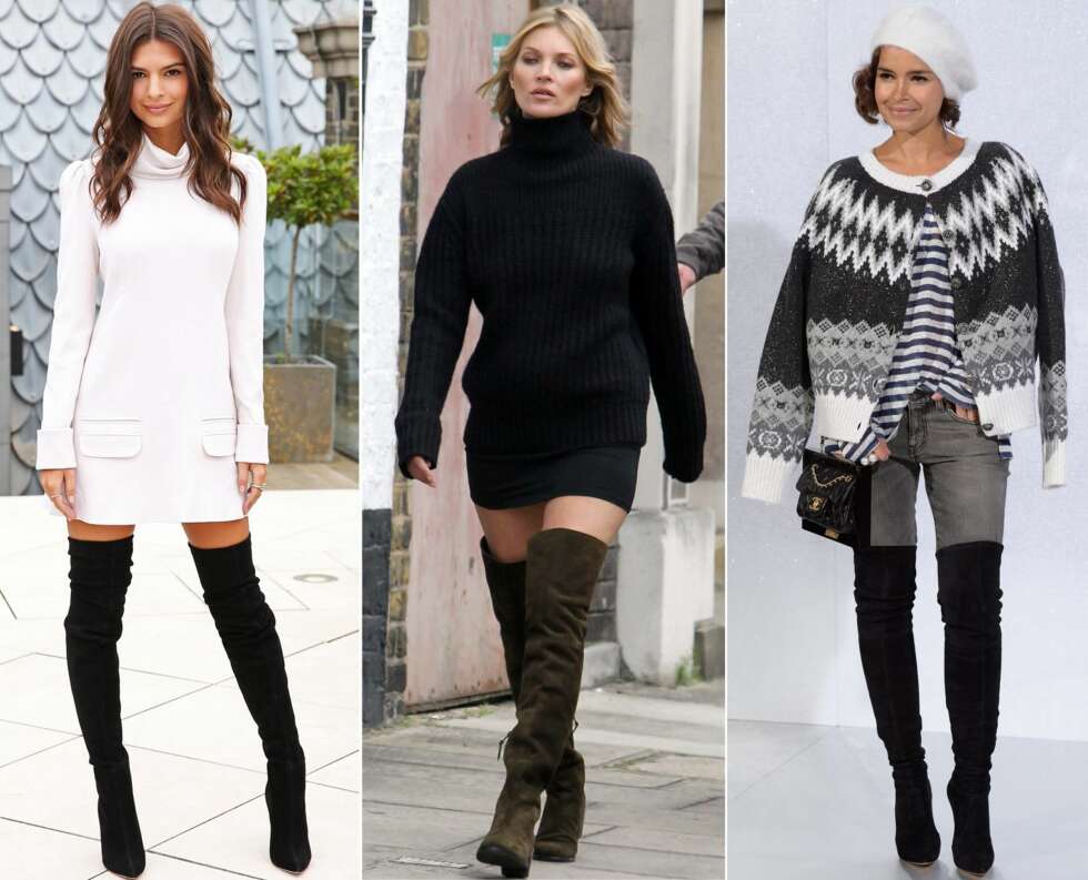RIKTIG STYLING: Modell Emily Ratajkowski kombinerer støvlettene med en langermet kjole. Supermodellen Kate Moss bruker en oversized strikkegenser sammen med skjørt og lårhøye støvletter. It- girl Miroslava Duma går for jeans og en stikkejakke over skuldrene. RIKTIG STYLING: Modell Emily Ratajkowski kombinerer støvlettene med en langermet kjole. Supermodellen Kate Moss bruker en oversized strikkegenser sammen med skjørt og lårhøye støvletter. It- girl Miroslava Duma går for jeans og en stikkejakke over skuldrene.