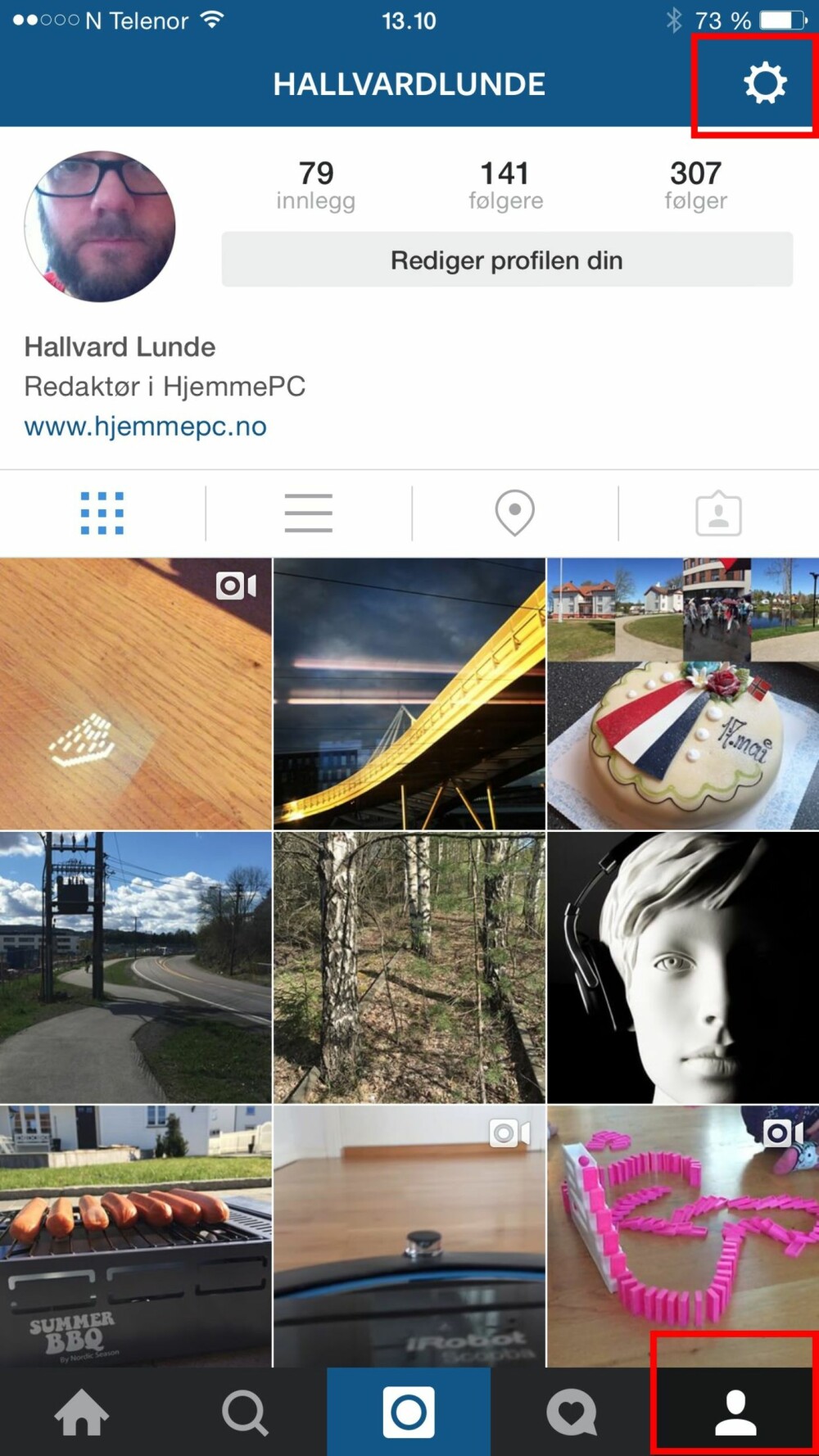 INNSTILLINGER: For å finne innstillingsmenyen på Instagram må du først trykke på «personikonet» helt til høyre på menylinjen. Da dukker det opp et lite tannhjul øverst til venstre som du velger for å åpne innstillingsmenyen. INNSTILLINGER: For å finne innstillingsmenyen på Instagram må du først trykke på «personikonet» helt til høyre på menylinjen. Da dukker det opp et lite tannhjul øverst til venstre som du velger for å åpne innstillingsmenyen.