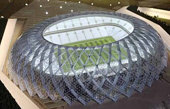 Modell: Slik skal hovedarenaen Al-Wakrah-stadion se ut i år 2022. Her skal det være åpningsseremoni og her skal finalen spilles. Modell: Slik skal hovedarenaen Al-Wakrah-stadion se ut i år 2022. Her skal det være åpningsseremoni og her skal finalen spilles.