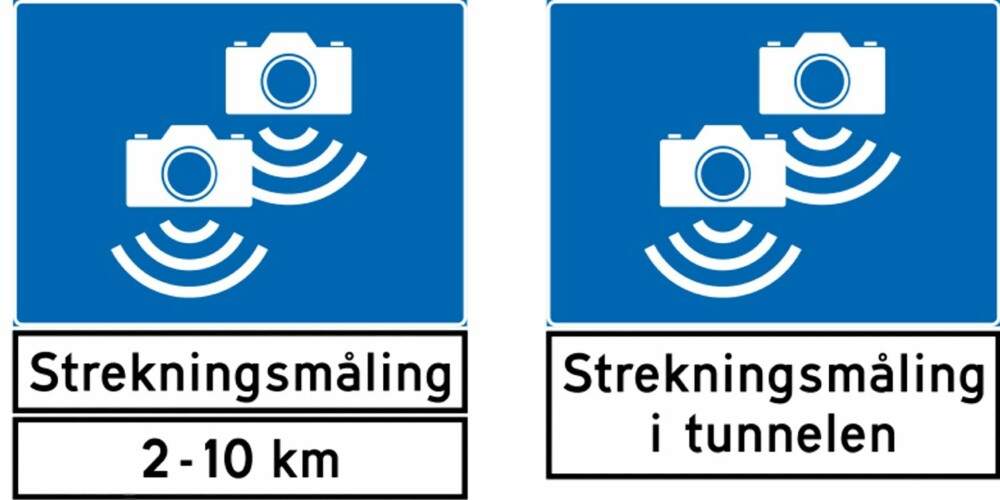 NYE SKILT: Slik er de nye skiltene for gjennomsnittsmåling av fart. ILLUSTRASJON: Statens vegvesen NYE SKILT: Slik er de nye skiltene for gjennomsnittsmåling av fart. ILLUSTRASJON: Statens vegvesen