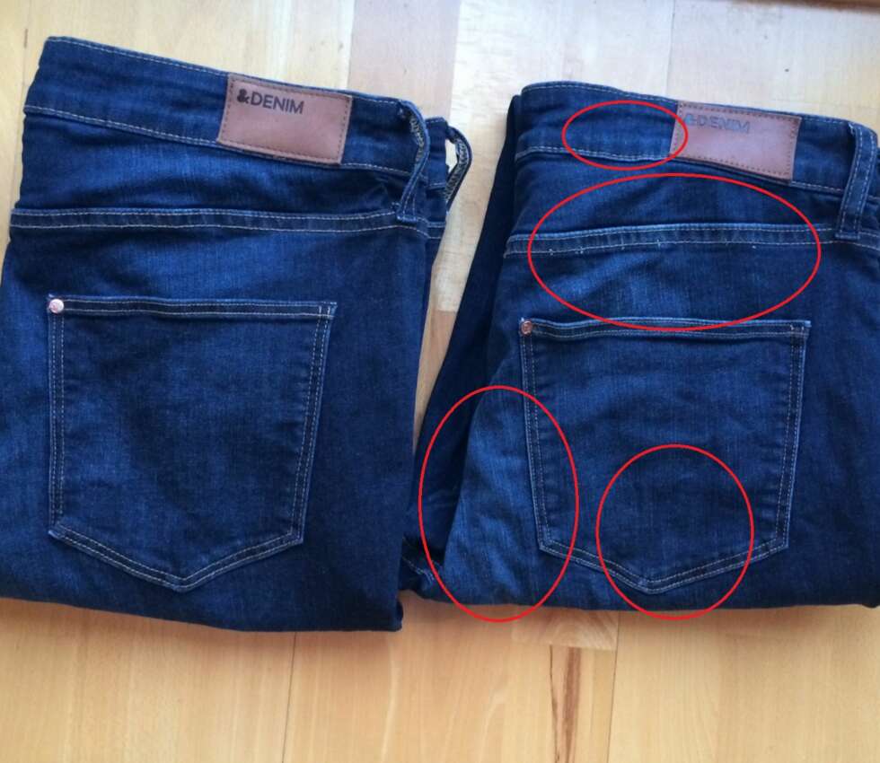 ETTER: Det er lett å se hvor mye mer slitt test-jeans B er enn A som ble lagt i saltbad før vask. ETTER: Det er lett å se hvor mye mer slitt test-jeans B er enn A som ble lagt i saltbad før vask.