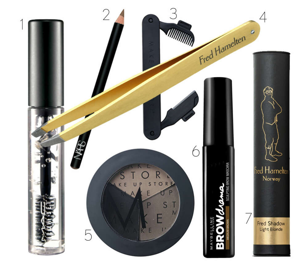 1. Brynsgelé fra Mac, kr 160.
2. Nars Eye brow pencil i fargen Jodhpur, kr 180.
3. Make Up Store Eyebrow razor and comb, kr 90.
4. Pinsetter med diamant: fra kr. 1800.
5. Make Up Store Tri brow, kr 190.
6. Maybelline Brow drama I fargen medium, kr 109.
7. Fred Shadow kr. 230,- 1. Brynsgelé fra Mac, kr 160.
2. Nars Eye brow pencil i fargen Jodhpur, kr 180.
3. Make Up Store Eyebrow razor and comb, kr 90.
4. Pinsetter med diamant: fra kr. 1800.
5. Make Up Store Tri brow, kr 190.
6. Maybelline Brow drama I fargen medium, kr 109.
7. Fred Shadow kr. 230,-