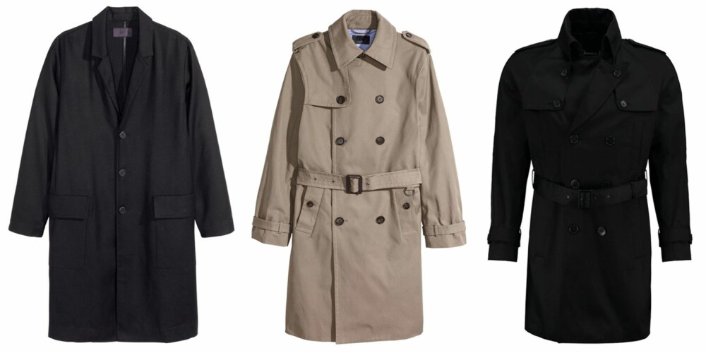 FRAKK: Tynn frakk fra H&M, kr 999. Trenchcoat fra H&M, kr 999. Lagerfeld Trenchcoat Schwarz, kr 3695. FRAKK: Tynn frakk fra H&M, kr 999. Trenchcoat fra H&M, kr 999. Lagerfeld Trenchcoat Schwarz, kr 3695.