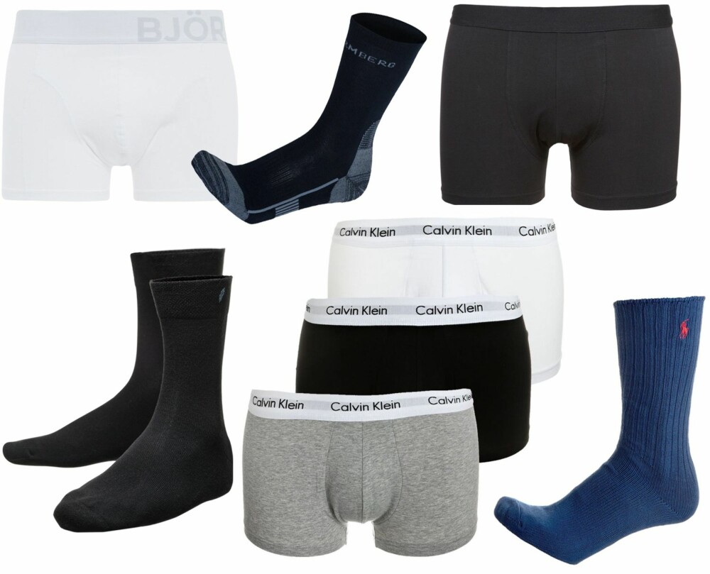 UNDERTØY OG SOKKER (f.v.): Björn Borg, Noos Solids underbukse hvit, kr 229. Sotrmberg Nutevass bambussokk, kr 79. Bread & Boxers, kr 199. Bambussokker fra Tufte, kr 99. Calvin Klein Underwear Cotton Stretch Undertøy, kr 399. Polo Ralph Lauren Classic Crew sokker blå, kr 149. UNDERTØY OG SOKKER (f.v.): Björn Borg, Noos Solids underbukse hvit, kr 229. Sotrmberg Nutevass bambussokk, kr 79. Bread & Boxers, kr 199. Bambussokker fra Tufte, kr 99. Calvin Klein Underwear Cotton Stretch Undertøy, kr 399. Polo Ralph Lauren Classic Crew sokker blå, kr 149.