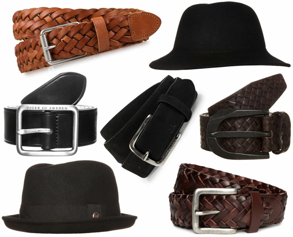 TILBEHØR (f.v.): Selected Homme Eldon Leather Belt, kr 499. Topman, kr 249. Tiger of Sweden belte black, kr 749. J Lindeberg Chap 30 Bombato Suede, kr 499. Lloyds Men's Belts brun, kr 549. Esprit Hatt Black, kr 399. Flettet skinnbelte fra H&M, kr 199. TILBEHØR (f.v.): Selected Homme Eldon Leather Belt, kr 499. Topman, kr 249. Tiger of Sweden belte black, kr 749. J Lindeberg Chap 30 Bombato Suede, kr 499. Lloyds Men's Belts brun, kr 549. Esprit Hatt Black, kr 399. Flettet skinnbelte fra H&M, kr 199.
