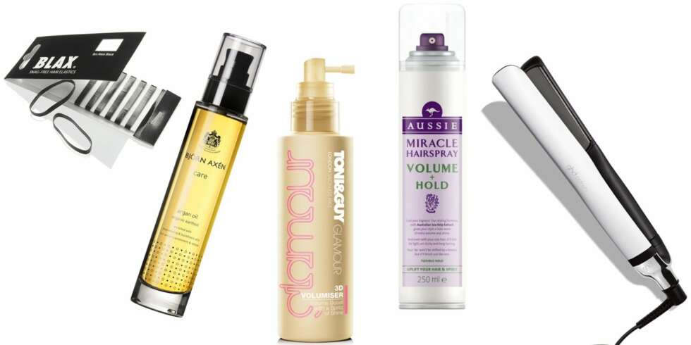 GODE PRODUKTER (f.v.): Blax hårstrikker, kr 69. Bjørn Axén Care Argan Oil, kr 270. Toni & Guy Glamour 3D Volumiser Volume Boost, kr 140. Aussie Miracle Hairspray Volume + Hold, kr 139. ghd Platinum White rettetang, kr 2199. GODE PRODUKTER (f.v.): Blax hårstrikker, kr 69. Bjørn Axén Care Argan Oil, kr 270. Toni & Guy Glamour 3D Volumiser Volume Boost, kr 140. Aussie Miracle Hairspray Volume + Hold, kr 139. ghd Platinum White rettetang, kr 2199.