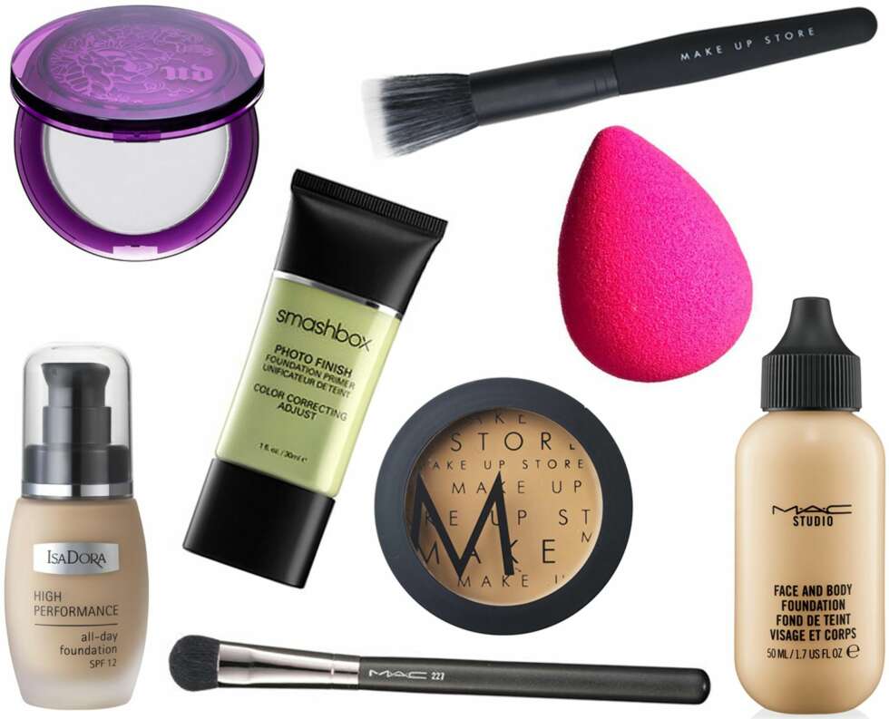 GODE PRODUKTER (f.v.): IsaDora High Performance All-Day Foundation, kr 169. Urban Decay De-Slick Mattifying Powder, kr 235. Mac 227 Large Fluff Brush, kr 310. Smashbox Photo Finish Color Correcting Foundation Primer, kr 260. Make Up Store Foundation Brush Duo Hair, kr 255. Make Up Store Studio Foundation, kr 225. Kicks Blending Sponge, kr 69. Mac Studio Face and Body Foundation, kr 245. GODE PRODUKTER (f.v.): IsaDora High Performance All-Day Foundation, kr 169. Urban Decay De-Slick Mattifying Powder, kr 235. Mac 227 Large Fluff Brush, kr 310. Smashbox Photo Finish Color Correcting Foundation Primer, kr 260. Make Up Store Foundation Brush Duo Hair, kr 255. Make Up Store Studio Foundation, kr 225. Kicks Blending Sponge, kr 69. Mac Studio Face and Body Foundation, kr 245.