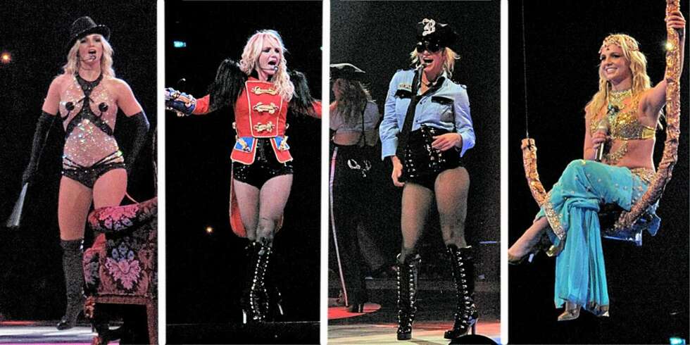 KAMELEON PÅ SCENEN: Britney har et skiftende sinn, noe som gir utslag i de mange byttene av kostymer i løpet av konserten. KAMELEON PÅ SCENEN: Britney har et skiftende sinn, noe som gir utslag i de mange byttene av kostymer i løpet av konserten.