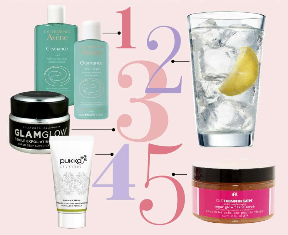 1. Cleance rensegelè fra Avène, kr 170,- 2. Vann er alltid lurt. 3. Gi huden et ekstra fuktighetsboost med ansiktsmasken Tingle Exfoliating Mud Mask fra Galmglow/Kicks, kr 449,- 4. Radiance serum fra Pukka, kr 429,- 5. Ansiktskrubb fra Ole Henriksener gjør huden jevn og glatt. Sugar glow, kr 625,- FOTO: Produsentene 1. Cleance rensegelè fra Avène, kr 170,- 2. Vann er alltid lurt. 3. Gi huden et ekstra fuktighetsboost med ansiktsmasken Tingle Exfoliating Mud Mask fra Galmglow/Kicks, kr 449,- 4. Radiance serum fra Pukka, kr 429,- 5. Ansiktskrubb fra Ole Henriksener gjør huden jevn og glatt. Sugar glow, kr 625,- FOTO: Produsentene